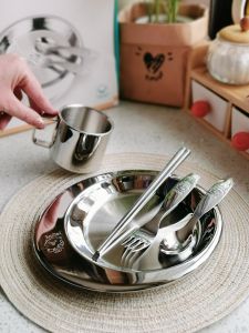 ชุดจานและช้อนสำหรับเด็ก ชามทานอาหาร ช้อน ตะเกียบ 304 เหล็กไมโครเวฟ ชุดเครื่องครัวสำหรับเด็ก อาหารเสริม จานสีพื้น