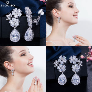 SEQUITO Exquisite No Piercing Flower Clip On Earring Bridal Wedding Crystal Jewelry Paved Shiny AAA Zirconia Crystal Woman Silver Color Non Hole Earrings SE743