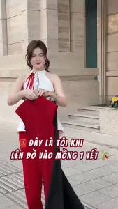 Set áo dài đỏ phối tây hiện đại áo dài đỏ cổ Tàu phong cách vintage set du xuân áo xẻ tà phối cổ tàu nút bọc Tuyết Nhung mix quần dài