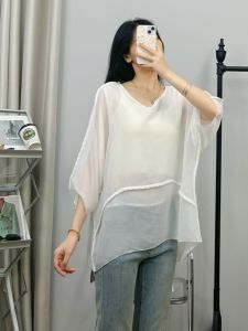 Áo Sơ Mi Chiffon Thoáng Khí Mùa Hè Nhẹ Thời Trang Rộng Rãi Đa Năng Cổ Tròn Tay Bảy Màu Sắc Thường Ngày Chất Liệu Khác