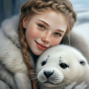 HUACAN Sea Lion Diamond Painting Girl Animal Portrait Diamond Mosaic Full Square Round Drill Handmade Rhinestones Pictures