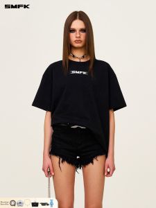 SMFK | Loose Cotton Printed Casual Black and White T-Shirt