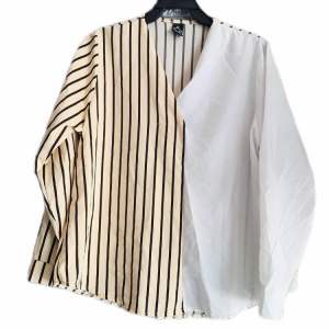 เสื้อทูโทน แขนยาว คอวี ลายริ้ว ทรงสวย ใส่ทำงานได้ สำหรับผู้หญิง