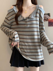 Retro Color Block Shoulder Bared Long Sleeve Base Shirt Womens Spring Autumn plus Size Design Belly Covering Top