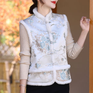 New 2025 Chinese Style Embroidered Satin Patchwork Sleeveless Vest Women Outerwear Casual Loose Fit Mid-Aged Womens Fashion