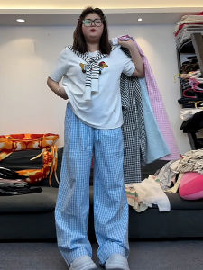 Quần Ống Rộng Cạp Cao Kẻ Caro Màu Xanh Lam Cho Nữ Mùa Hè Quần Ống Đứng Rộng Rãi Thoải Mái Quần Dài Thường Ngày