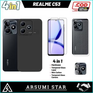 Paket 4in1 Case REALME C53 Camera Softcase Slim Black Matte Case Liquit Bonus Anti Gores Ceramic Matte Anti Spy + Skin Camera + Garskin Carbon