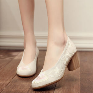 Giày Thêu Hoa Dân Tộc Phong Cách Cổ Điển Giày Phối Sườn Xám Mẫu Nữ Gót Vuông Giày Trang Phục Trà Giày Vải Cao Gót Kiểu Trung Quốc Mới Giày Trang Phục Hán