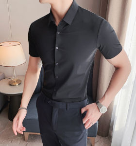 Elegant Elastic Ice Silk Modal Short Sleeve Shirt Mens Thin Seamless Slim Fit American Style Commute Trendy Button-Up Casual Shirt