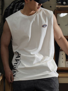 Summer New Loose Fit Pure Cotton Sporty Mens Vest American Trendy Gym Sleeveless T-Shirt Casual Shoulder Pad Fashion Urban Style