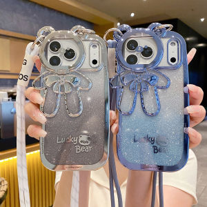 For iPhone 17 Pro Max 16 Pro 15 13 /iPhone 14 Pro Max iphone 11/12 Pro Max iphone X/X MAX/ XR/7 Plus Case Glitter Diamond Lucky Bear Cartoon Camera Protective Bracket Kickstand Case Lanyard Crossbody Strap Wristle Case iphone Case