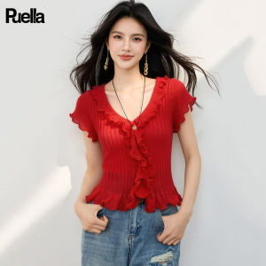 puella | Korean Style Wooden Ear Fashionable Versatile V-Neck Short Sleeve Knitted Top