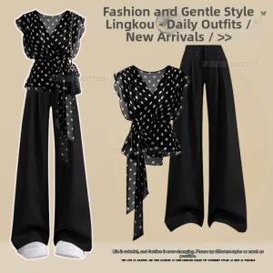 NUMEN BUTTON | Elegant Stylish Dots Top & High Waist Wide Leg Pants Set
