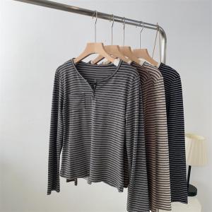 Korean Style Striped Button Long Sleeve Womens T-shirt Simple Retro Color Block Base Layer Top for Autumn Commute