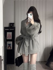 Áo khoác len CHANGTONG dài tay dáng rộng có dây thắt eo phong cách Hàn Quốc mùa đông