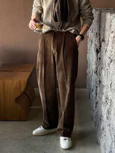 DAVID&ME | Vintage Brown Corduroy Summer Single Pleated Half Elastic Waist Casual Trousers