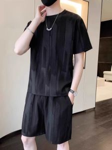 ROMON | Lormen Mens Summer Sportswear Ice Silk Short Sleeve Casual Two-Piece Set Breathable Comfortable Nylon Lyocell Spandex Blend