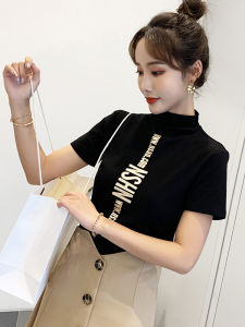 Slim Fit Half High Collar Short Sleeve T-Shirt Women Summer Top Knitted Gold Letter Print Base Shirt Cotton Classic Style