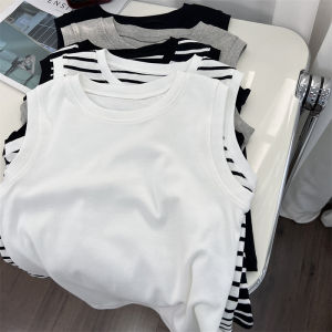 Soft Pure Cotton Stripes Vest Womens Inner Wear Outer Wear Summer Cover Pair Milky White round Neck Sleeveless T-Shirt Short Tops