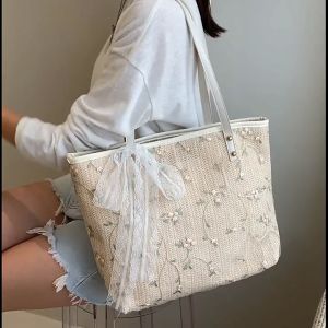 Shoulder bag simple straw woven western-style single shoulder tote bag bow woven handbag 2024 new popular womens bag