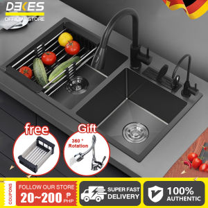 DEKES Premium Double Bowl Kitchen Sink with 2mm Thick SUS304 Stainless Steel 360° Swivel Faucet and Free Drain & Basket