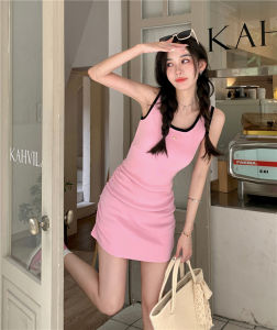 Missulu Fashio Womens Dresses Spicy Girl Knitted Tank Top Dress Womens Summer New American Sweet and Spicy Slim Fit Wrap Hip Skirt Short Skirt