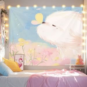 VIKAMA Watercolor Flower Flowers White Dog Tapestry Spring Dog Fresh Flower Background Cloth Warm Tapestry Room Decoration