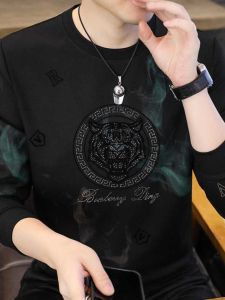 Mens Long Sleeve Hoodie Autumn Winter Fashionable Handsome Tiger Head Embroidery Base Shirt High End European Style T-shirt Casual Top