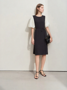 AMII | Summer New Round Neck Color Blocked Flare Sleeve Waist Tie Dress