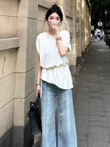 YUEZHONGWEI | Slim Fit Round Neck Ice Silk Short Sleeve Knitted Top Womens Summer Waist Cinching Design Korean Style Commute Fashion