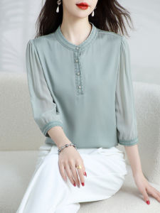 Silk Blouse Female Round Neck Seven Eighths Sleeve