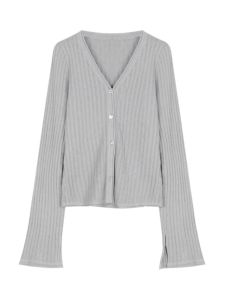 V-neck Flared Sleeves Knitwear Tops Womens Autumn Plus Size Plus Size Ladies Loose-Fit Fall/Winter Slim Slim Looking Temperament Coat Cardigan