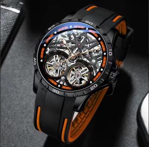 AILANG | AILANG 8826-Pentagram Mens Automatic Mechanical Watch Advanced Sports Skeleton Tourbillon Wristwatch Silicone Strap Fashion