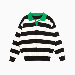 Pure Yilang Childrens Knitted POLO Shirt Spring 2024 New Arrival Middle Large Children Black White Striped Turn-down Collar Sweater