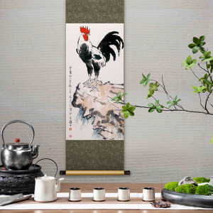 Xu Beihong Rooster New Chinese Style Silk Scroll Hanging Painting Vertical Version Living Room Decorative Art Tea Room Entrance Wall