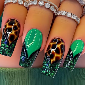 Medium fake nails for women girls Y2K gradient purple green yellow colors leopard print french ballet tips press on nails art