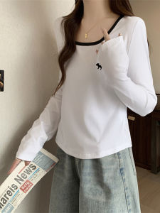 Áo Thun Dài Tay Nữ Cổ Vuông Thiết Kế Thanh Lịch Đa Năng Mùa Thu 2025 Áo Thun Cotton Thường Ngày Không Cần Ủi