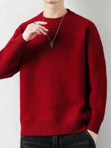 ROMON | Romon Mens Round Neck Knitwear Winter New Year Red Inner Wear Fashion Business Casual Loose Fit Long Sleeve PU Material