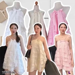 TW18656  เดรสสั้นแต่งระบายชั้นๆทั้งชุด แต่งผูกโบว์หางยาวด้านหน้า ..