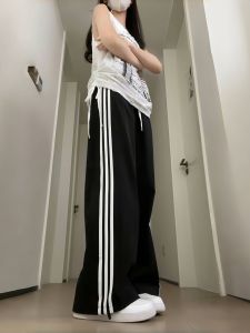 Quần Dài Thường Ngày Sọc Ba Sọc Cotton Nguyên Chất Cạp Cao Rộng Rãi Cho Nữ Mùa Xuân Thu Quần Dài Thể Thao