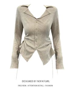 Plus Size Chubby Girl Asymmetrical Sticking to the Shoulder Collar Long Sleeves Knitwear Female Fall and Winter New Arrival Silm Slim Looking Design Blouse Tide