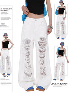 MZVZ | Quần Jeans Chân Rộng Đục Lỗ Retro