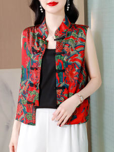 Retro Print Chinese Style Button up Vest Womens Summer Fashion Middle-Aged Mother Tang Costume Top Match All Styles Pure Polyester