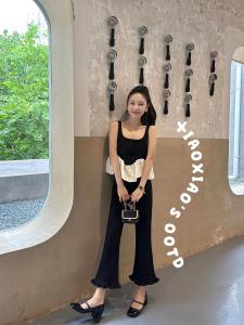 Quần Ống Đứng Bó Sát Cạp Cao Màu Đen Mùa Hè Cho Nữ Quần Ống Loe Rộng Rãi Thoải Mái Quần Dài Thường Ngày