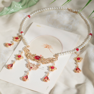 Han Dynasty Lotus Necklace Chinese Ancient Style Necklace of Precious Stones Tang Style Song Style Accessories Red Water Drop Pendant Chinese Style Necklace National Style