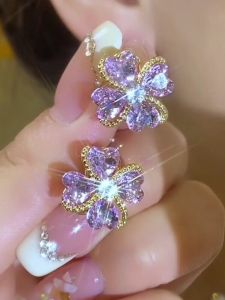 Elegant Purple Floral Womens Earrings Allergy Free Versatile Fashion Jewelry Alloy Material Korean Style Plant Pattern