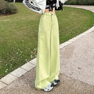 QIAOMIDUO | Spring Autumn Bright Color Elastic Waist Wide Leg Pants Womens Style 2025 New Plus Size Fat MM Light Green Denim Workwear Trousers Summer