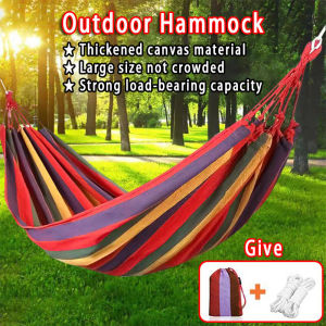 Hammock Outdoor Canvas Fabric Camping Striped Hammocks Tree Swing Hanging Bed Chair Portable Home Travel Camping Hiking Swing Canvas Free Storage Bag Rope Buaian Gantung 吊床