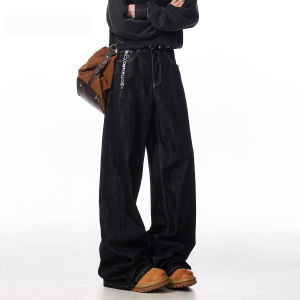 American Retro Black Denim Pants Mens Autumn Winter Loose Casual Wide Leg Long Trousers Youth Trendy Wear Resistant