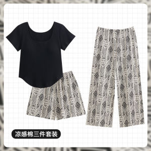 Pajamas with Chest Pad Integrated Summer Womens Pure Cotton Short-Sleeved and Trousers Fashion Retro Fancy Black Homewear Suit